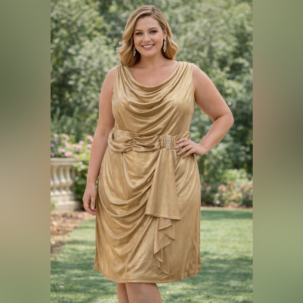 Midnight Velvet Gold Metallic Draped Dress Women’s 20W Plus Size Elegant